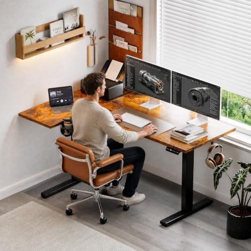 Muvai 71" L Shaped Standing Desk with Cable Tray, Reversible,Rustic Brown - Image 2