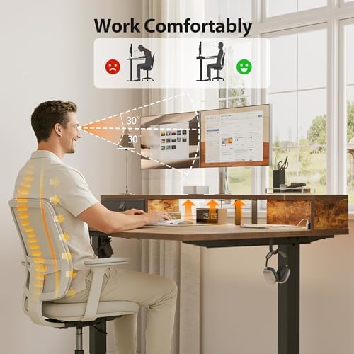 Agilestic 63*35 Inch L Shaped Standing Desk with Shelf & Led& Outlet, Brown - Image 5