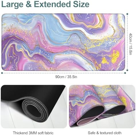 Pink Purple Marble Gaming Mouse Pad 35.4"x15.7" Large Extended Pad Desk Mat Anti-Slip Rubber Base & Durable Stitched Edges for Gamers Smooth Mouse Pad Writing Surface for Desk Office/Home - Image 2