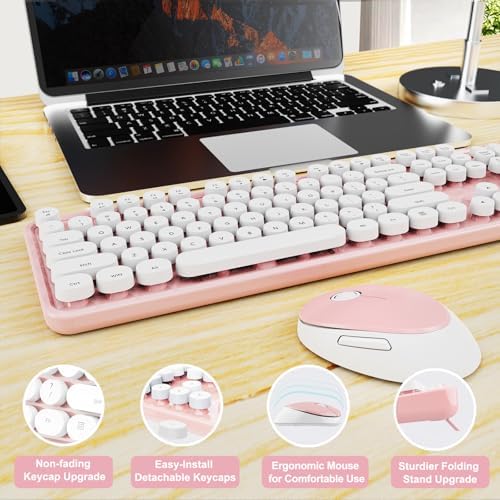 Wireless Keyboard and Mouse Combo, Ergonomic Full Size Typewriter Retro Round Keycaps Keyboard, Compatible with Windows, PC, Perfer for Home and Office Keyboards (Lovely Pink) - Image 6