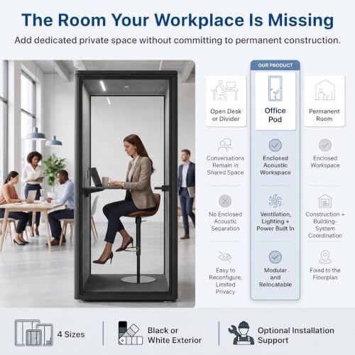 Uncaged Ergonomics Small Office Pod, 1-Person Acoustic Office Phone Booth with Ventilation, LED Lighting and Power, Black - Image 4