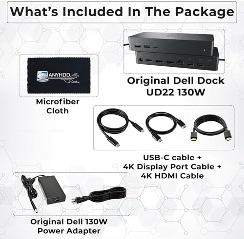 Dell UD22 Docking Station Dual Monitor Bundle - Supports 4K Display, Universal Dock for Dell Laptops with 130W Adapter + 4K HDMI Cable + 4K DisplayPort Cable + USB-C Cable + Microfiber Cloth (Renewed) - Image 2