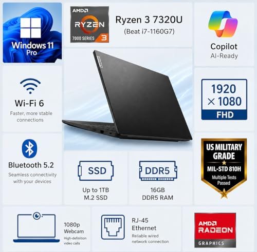 Lenovo V15 Business Laptop 2026 Edition, AMD Ryzen 3 7000-Series(Beat i7-1065G7), 15.6" FHD Display, 16GB DDR5 RAM, 512GB NVMe SSD, Wi-Fi 6, RJ-45, Dolby Audio, Windows 11 Pro, no Mouse - Image 2