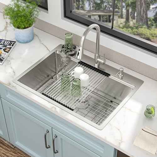 30"x22" Drop In Kitchen Sink Ledge Workstation – 16 Gauge 304 Stainless Steel Top Mount Overmount Single Bowl Sink Basin with Faucet Combo & Glass Rinser - Image 4