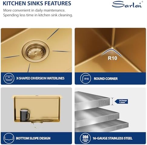 Sarlai Drop Bar Sink - 18 Inch Gold Outdoor Kitchen Sink with Pull-out Faucet Gold Drop In Workstation 18 x 18 Topmount Stainless Steel 16 Gauge Single Bowl Bar Prep RV Outdoor Sinks Basin - Image 6