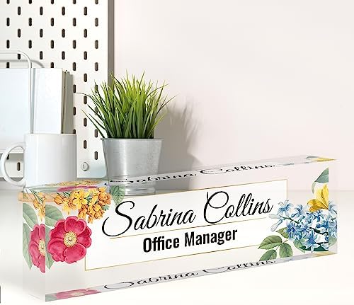 Name Plate for Desk, Desk Name Plate Personalized, Blue Office Decor for Women Men, Acrylic Desktop Accessories, Office Gifts for Boss Nurse Teacher Coworker, Employee Appreciation Gift (Flowers B) by Spricoz