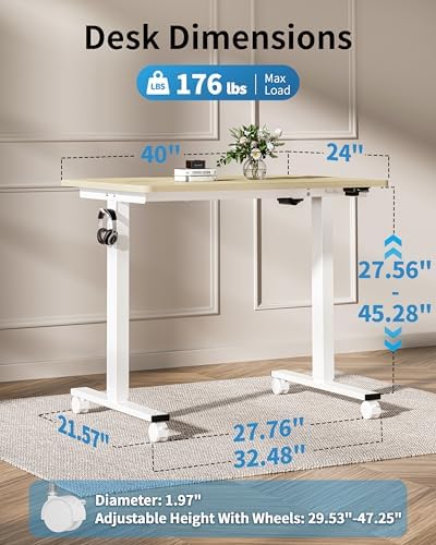 Okin Electric Standing Desk, 40 x 24 Inches Whole Piece Height Adjustable Desk, Oak Sit to Stand Desks Computer Workstation with Wheels for Home Office - Image 2