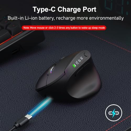 Redragon Ergonomic Mouse, Bluetooth Rechargeable Wireless Vertical Mouse, 3 Multi-Device Connectivity for Computer/PC/Laptop, 500mAh Battery, 2.4GHz USB-A Optical Mice for Windows, Mac OS, Black - Image 6