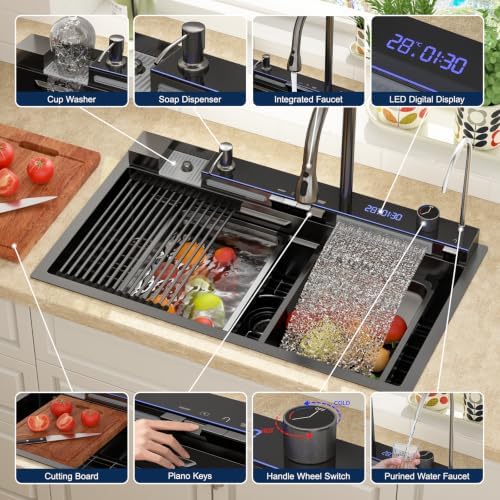 Lordear 33 Inch Black Drop In Smart Kitchen Sink with Waterfall Faucet - Image 4