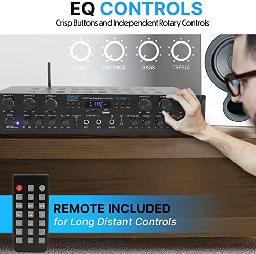 Pyle Home Audio Amplifier with Bluetooth - 6 Channel 600 Watt Peak Power, Karaoke with Echo, 2 Mic Input with Talkover, Headphone In, USB A MP3 Player with SD Reader - Home, Commercial, Worship - Image 4