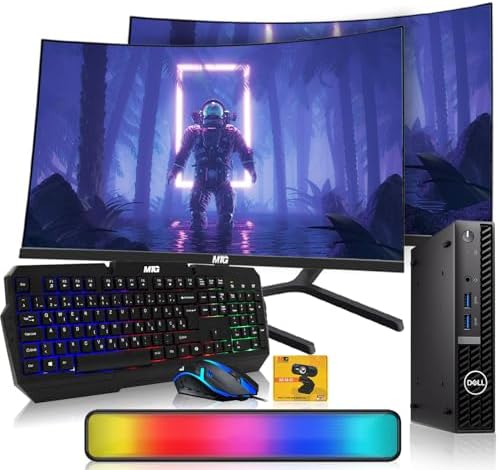 DELL Optiplex Tiny Mini Desktop PC, Intel Core i5, 32GB RAM, 512GB SSD with Dual 32 inch Curved Monitor, AI Enabled RGB Keyboard Mouse, RGB Soundbar and Webcam Windows 11 Pro (Renewed) by Amazon+Renewed