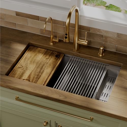 Karran 32.5 Inch Undermount Quartz Composite Workstation Kitchen Sink, 50/50 Double Bowl Low Divide with Color Matched Accessories, Cutting Board, Drying Mat, Colander & Strainers Grey - Image 2