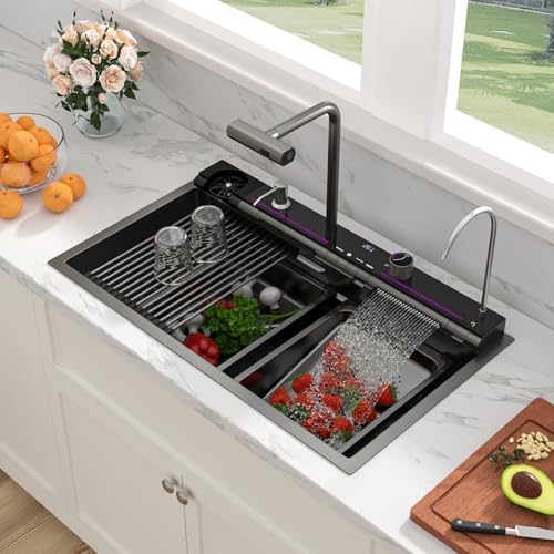 Sarlai Waterfall Kitchen Sink - 30 Inch Black Drop In Workstation Sink With Waterfall 33x19 Inch Black Stainless Steel 16 Gauge Multifunction Single Bowl Top Mount Kitchen Sinks with HoneyComb Finish - Image 3