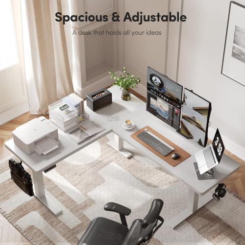 FEZIBO Triple Motors 25mm Tabletop L Shaped Standing Desk, 75" X 63" Electric Standing Gaming Desk Adjustable Height, Corner Stand up Desk with Splice Board, White Frame/White Top - Image 3