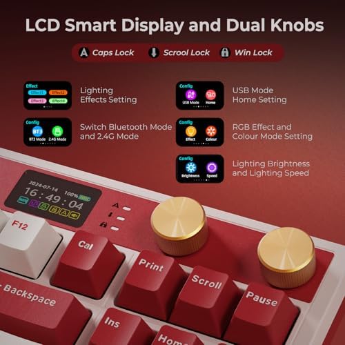 RK ROYAL KLUDGE M87 Wireless Gaming Keyboard with Screen & Dual Knobs, Red - Image 5