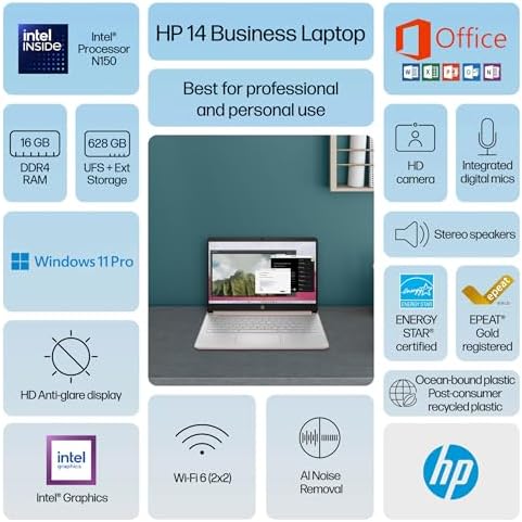 HP 14" Laptop 2025 Business Student Slim Computer, Lifetime MS Office, Copilot AI, Quad-Core Intel CPU, 16GB RAM, 628GB Storage (128GB UFS+500GB Ext), MarxsolAccessory, Wi-Fi 6, Win 11 Pro, Rose Gold - Image 2