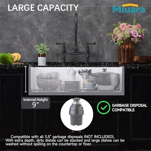 Miuara Farmhouse Sink 33 x 18 Inch White Fireclay Apron Front Kitchen Sink - Image 6