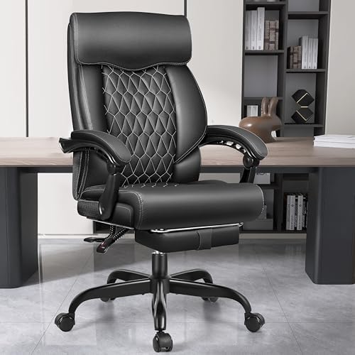Office Chair, Big and Tall Office Desk Chair, Reclining Office Chair with Footrest Home Office Desk Chairs, High Back Ergonomic with Lumbar Support, Executive Leather by Bestglory