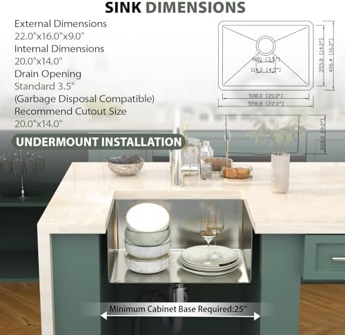 Mocoloo 22 Inch Undermount Bar Sink - 22" x 16" Small Kitchen Sink T304 Stainless Steel Handmade Single Bowl Round Corner Under Counter Wet Bar Sink for Kitchen Prep & RV - Image 2