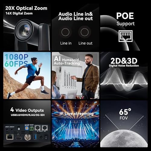 TONGVEO AI Auto-Tracking PTZ Camera: 20X Optical Zoom 1080P 60fps HDMI SDI USB PoE Video Camera for Church Worship Live Streaming, Conference Room Webcam for OBS - Image 5