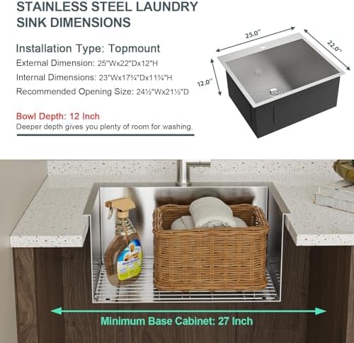 Lordear 12 Inch Deep Drop In Laundry Sink 25x22 Inch Utility Sink 16 Gauge Stainless Steel Topmount Basin for Laundry Room - Image 7