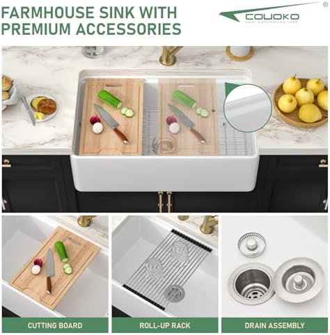 White Farmhouse Sink Workstation 33 Inch White Apron Front Fireclay Farm Sink Round Corner Apron Ceramic Single Bowl Sink Large Deep Farm Kitchen Sinks with Luxury Accessories, 33" x 20" x10" - Image 4