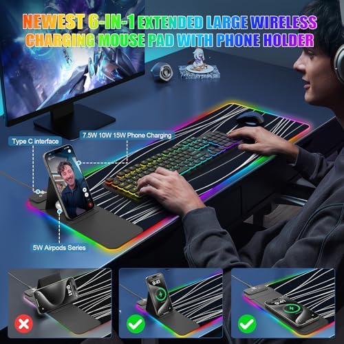 Mouse Pad with Foldable Phone Holder & Wireless Charger, XL RGB Gaming Mousepad 31.5"x11.8" Large Desk Mat for Keyboard, Home Desk Pad with Dual Qi Charging Station | 11 Colors & 5 Modes | Waterproof - Image 3