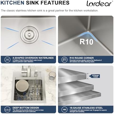 Bar Sink - Lordear 13"x15" Drop In Bar Sink with Faucet T304 16 Gauge Stainless Steel Workstation Small Wet Bar Prep Island Handmade Kitchen Sinks, 13x15x9 Inch - Image 6