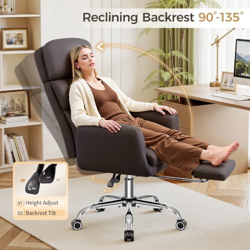 Big and Tall Office Chair 500LBS, Ergonomic High Back Leather Executive Chair, Reclining Swivel with Adjustable Armrests Lumbar Support Footrest, Cross Legged, Coffee - Image 5
