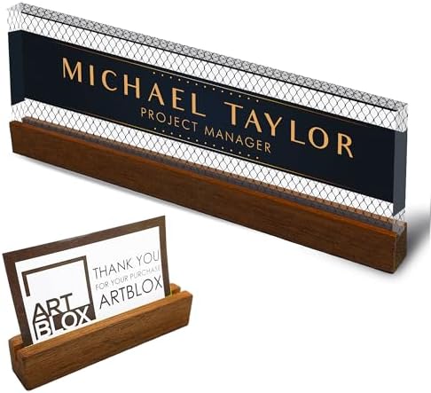 Artblox Personalized Office Desk Name Plate With Business Card Holder | Clear Acrylic Glass with Teak Wood Stand | Net Shape Design Customized with Your Name and Credentials Office Desk Décor by Artblox