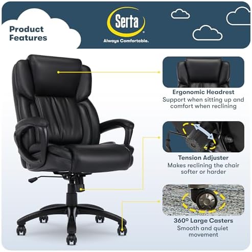 Serta Ergonomic Executive Office Chair with Lumbar Support, Leather Chair - Image 3
