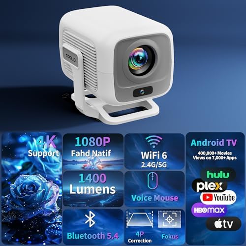 [Auto Focus & 2026 Upgraded] Mini Projector 1080P FHD Support 4K Portable Projector with WiFi6 and Bluetooth5.4 Built-in App 180° Adjustable Auto Keystone, Compatible with HDMI/Laptop/USB, White - Image 2