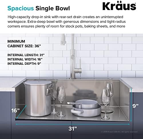KRAUS KWT310-33/18 Kore Workstation 33-inch Drop-In 18 Gauge Single Bowl Stainless Steel Kitchen Sink with Integrated Ledge and Accessories - Image 5