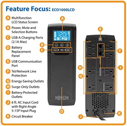 Eaton Tripp Lite ECO1000LCD 1000VA UPS 600W Battery Backup Surge Protector - Image 3