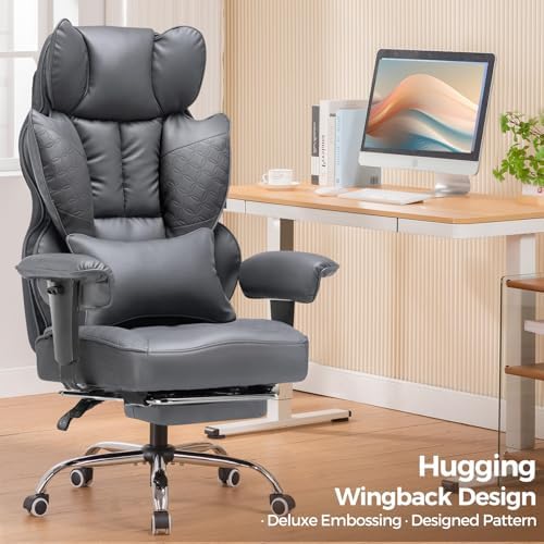 COMHOMA Big and Tall Office Chair Heavy Duty Wide Ergonomic Gaming Chair with Deluxe Embossing Designed Leather with Foot Rest, 145°Reclining Adjustable Armrests Pocket Spring Back Support and Pillow - Image 3