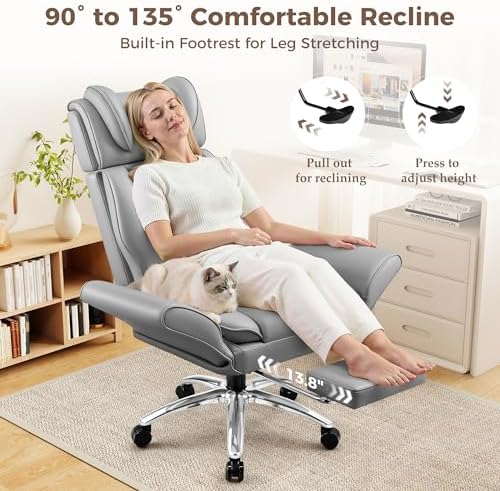 Big and Tall Office Chair, Flip Armrests for Cross Legged Sitting, Ergonomic Leather Executive Desk Chair with Foot Rest, High-Back Reclining Computer Chairs for Office Home Game - Light Gray - Image 6