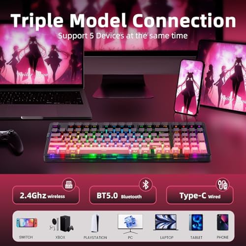 ZORNHER ZH980 Mechanical Keyboard Wireless,95% Pink Creamy Keyboard with Number Pad,Gaming Keyboard with Number Pad,Lighted Up PBT Keycaps,Creamy Sounding Linear Switches,Full Size - Image 3