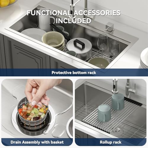 Lordear 36 Drop In Kitchen Sinks Worktation 16 Gauge Stainless Steel Single Bowl Ledge Worktation 36x19 Inch Topmount Overcounter Handmade Kitchen Sink Basin With Cutting Board - Image 6