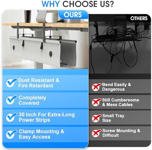 Under Desk Cable Management Tray, 40-inch No-Drill Cord Organizer with Anti-Sag Reinforced Base, Fabric Wire Management Hider for Standing Desk, Office & Gaming Accessories - Grey - Image 6