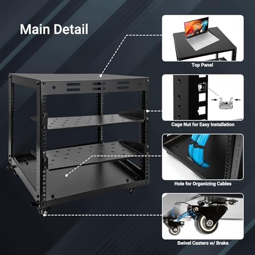 Upgraded 10U Server Rack with 4 Swivel Casters & 2 Shelves - Image 6