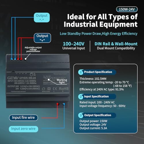 Ultra Slim Step-Shape DIN Rail Power Supply, 24V 5.31A 127.4W GPHDR-150-24 for Industrial Automation, Communication Base Stations, Data Centers and Medical Equipment - Image 2