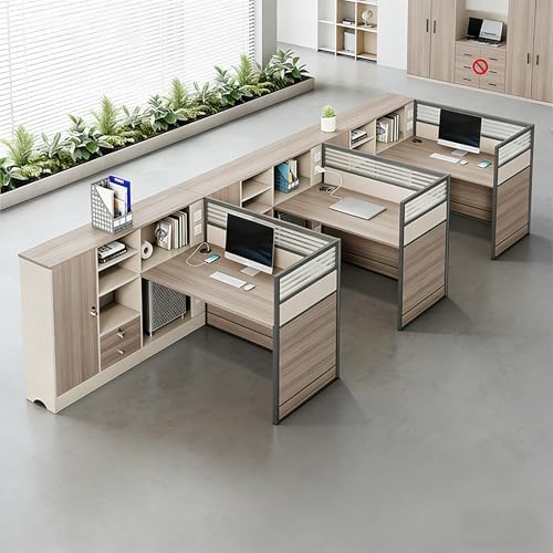 Modern Office Cubicle Workstation Desk with Tempered Glass Privacy Panels, USB Charging Hub & Cable Management,Multi-Person Modular Computer Desk for Commercial Office (D-Left, Three Person-F) by Unknown