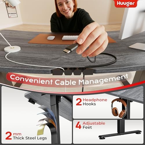 Huuger 55 X 24 Inch Electric Standing Desk with Power Outlets and USB-C Port, Height Adjustable Desk, Sit Stand Desk for Home Office, Computer & Gaming Desk with 3 Presets, Stable Steel Frame, Grey - Image 6