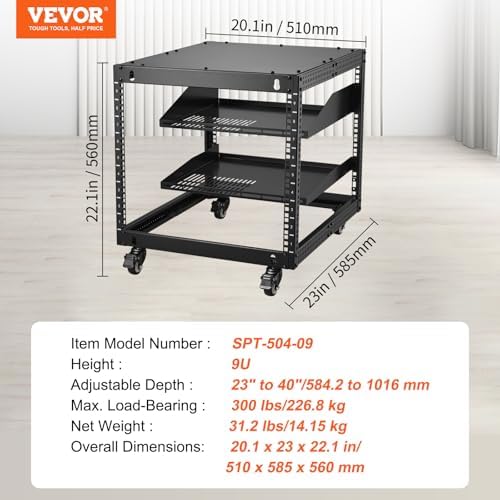VEVOR 9U Open Frame Server Rack, 23''-40'' Adjustable Depth, Free Standing or Wall Mount Network Server Rack, 4 Post AV Rack with Casters, Holds All Your Networking IT Equipment AV Gear Router Modem - Image 7