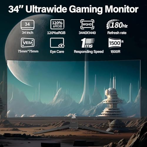 ZZA 34 Inch Curved Monitor Ultrawide 180HZ|165Hz, WQHD 3440x1440 (21:9) 1500R, 1ms (OD), HDR10 300nits, 120% sRGB, FreeSync & G-Sync, PIP/PBP, HDMI 2.1 x2 / DP 1.4 x2, VESA Mount Compatible - Image 2