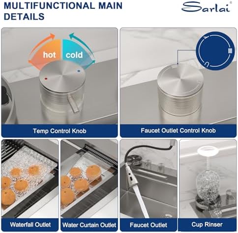 Sarlai Waterfall Kitchen Sink 33 Inch Drop In Kitchen Sink with Waterfall Topmount 16 Gauge Stainless Steel 33x22 Inch Single Bowl Multifuction Workstation Top Mount Sinks with Double Knob - Image 4
