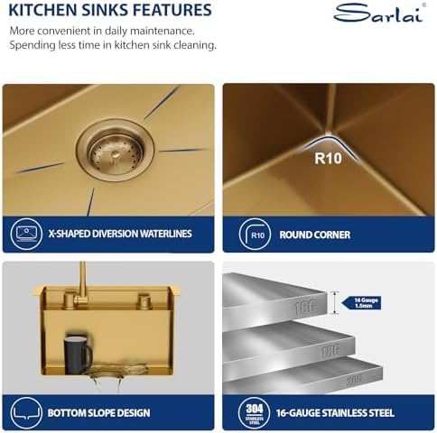 Sarlai Outdoor Sink, 15x15 Inch Gold Undermount Kitchen Sink Workstation with Foldable Faucet Bar Prep Single Bowl Gold Kitchen Sinks16 Gauge Stainless Steel BBQ Sinks with Cover 15"x15"x9" - Image 7
