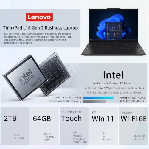 Lenovo ThinkPad L16 Business AI PC Laptop (16" FHD+ Touchscreen, Intel Ultra 7 255U (> AMD Ryzen AI 7 PRO), 64GB DDR5, 2TB SSD), Alternative T16 E16, Numeric Keypad, 2x Thunderbolt 4, Win 11 Pro - Image 2