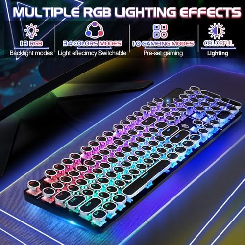 YSCP Typewriter Style Mechanical Gaming Keyboard RGB Backlit Wired with Blue Switch Retro Round Keycap 104 Keys Keyboard (R-Black) - Image 3