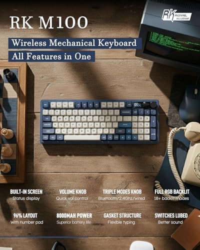 RK ROYAL KLUDGE M100 Wireless Mechanical Keyboard with Screen & Knobs, Blue - Image 2